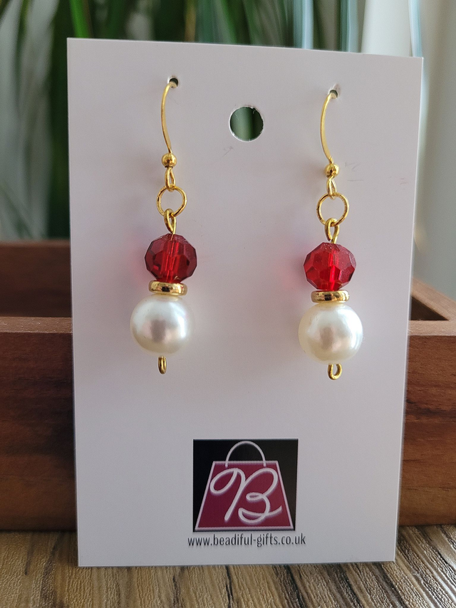 Drop earrings - red bead design with faux pearls