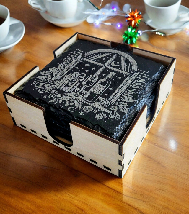 Christmas Window Coaster Set with Free Storage Caddy.