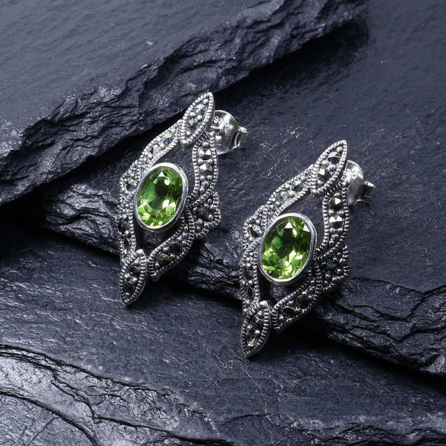 Art Deco Style Sterling Silver 925 Oval Cut 1ct Green Peridot Marcasite Gemstone August Birthstone Diamond Shape Design Stud Earrings