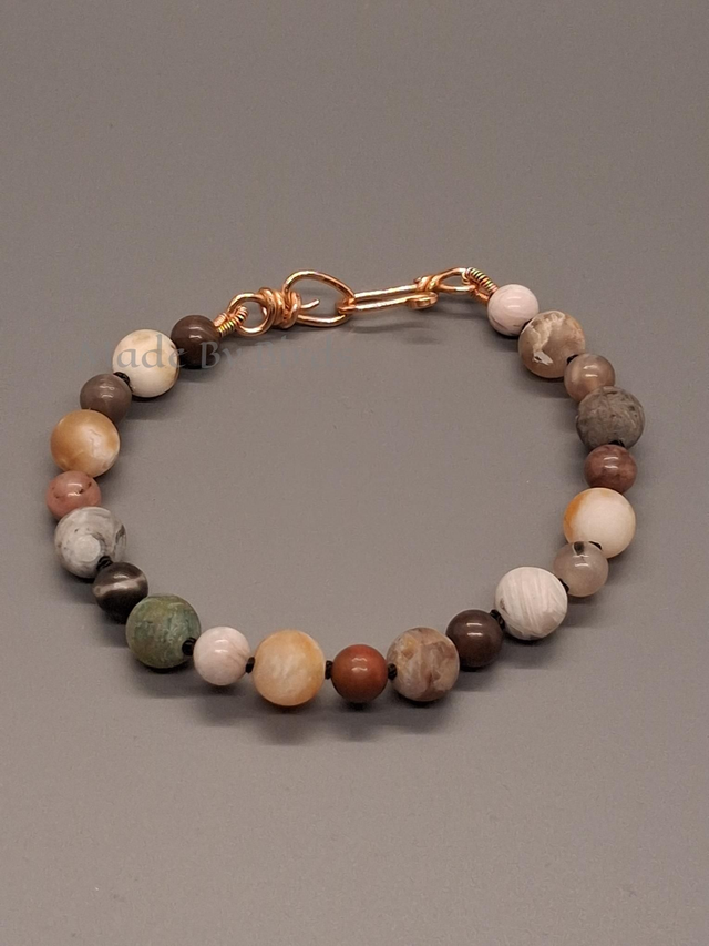 Bamboo Leaf Jasper &amp; Petrified Wood Hand Knotted Bracelet With Hand Crafted Bronze Clasp