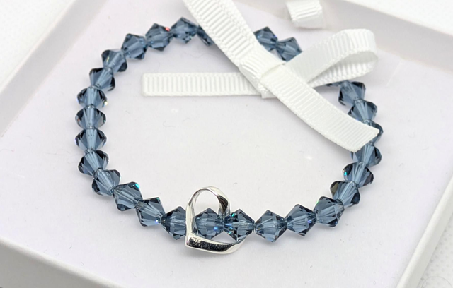 Blue Crystal Stretch Bracelet with 925 Sterling Silver Heart Charm
