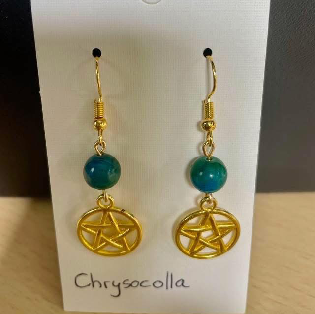Chrysocolla Pentagrams Gold plated ear hooks