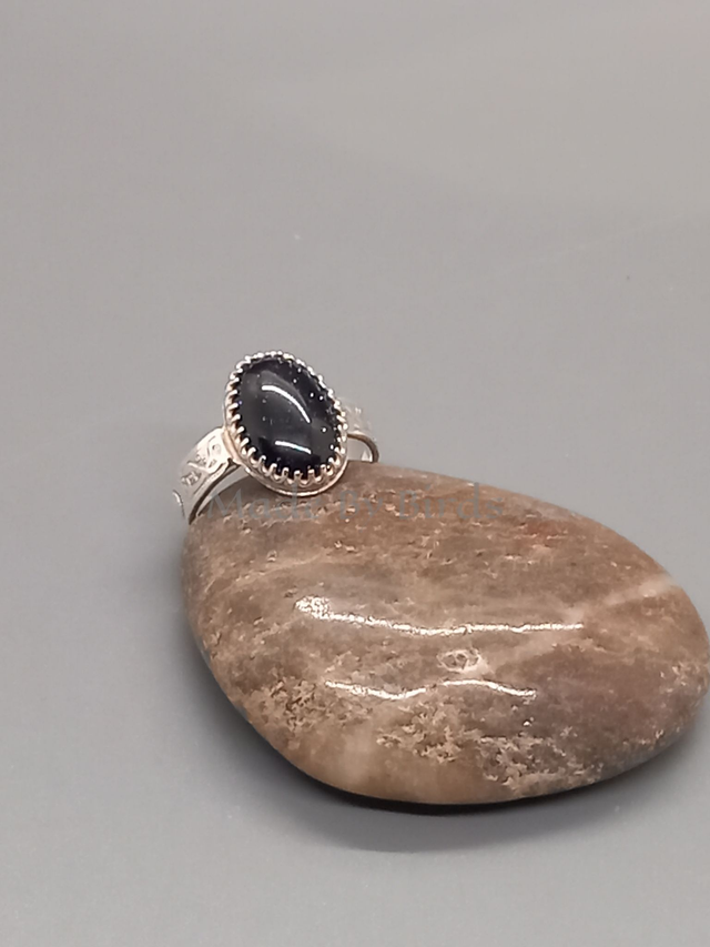 Blue Goldstone Hand Made Sterling Silver Ring With Patterned Band 