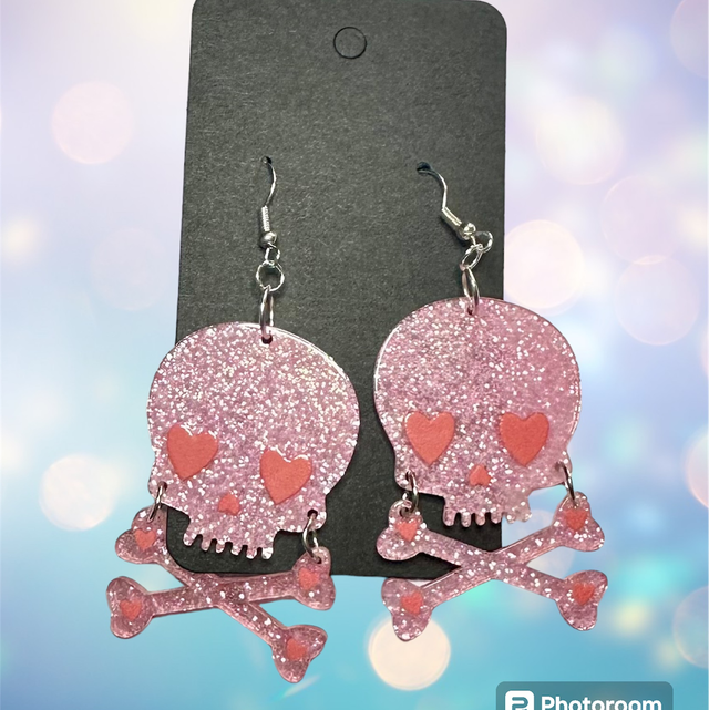 Acrylic Pink Glitter Skull and Cross Bones Dangle Earrings