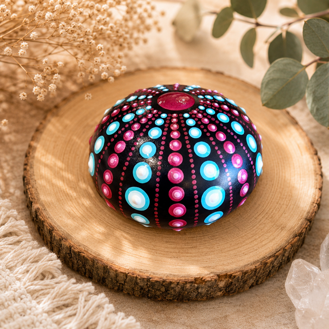 Pierre en forme de dôme mandala bleu &amp; fuchsia en plâtre résine – Peinte à la main