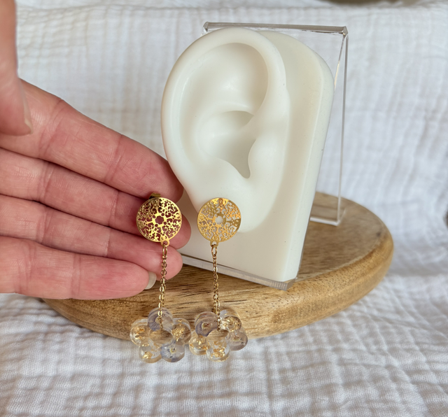 Boucles d’oreilles « fleurs bleues » feuille d’or 
