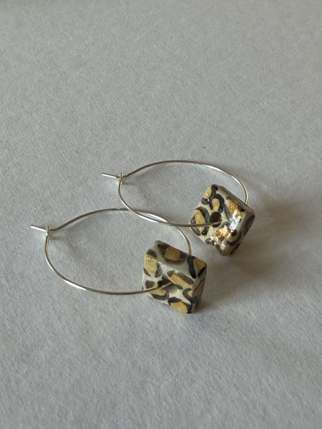 Square Animal Print Loop Ceramic Earrings - Yellow/Black