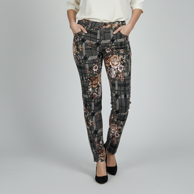 Jean Slim Place du Jour - Imprimé Floral et Carreaux Tartan - Kaki et Marron