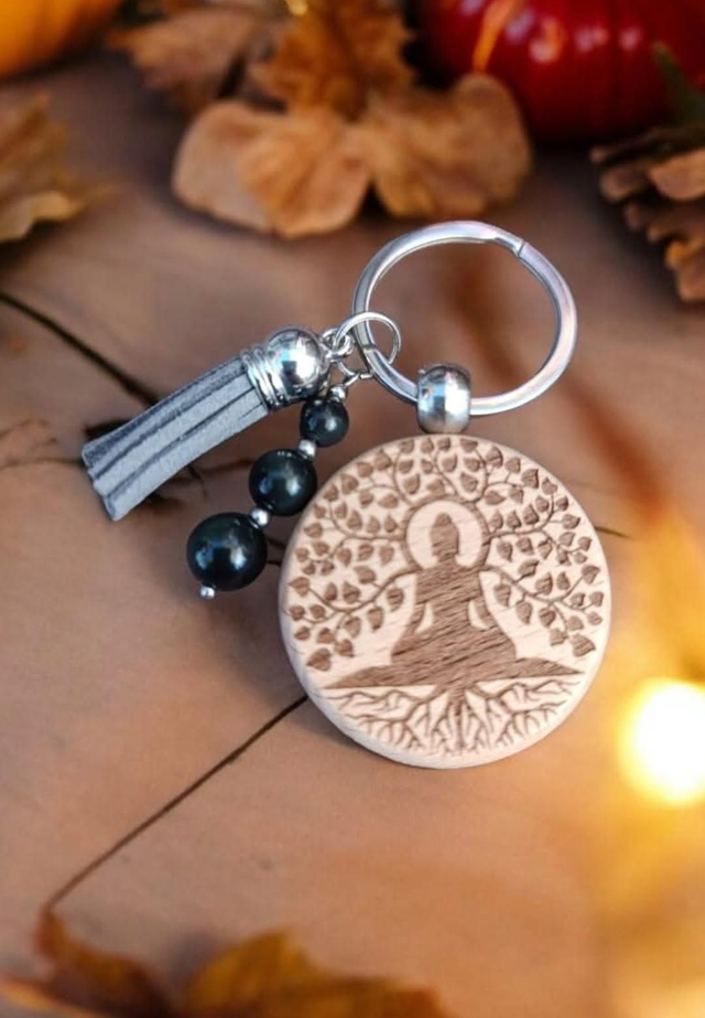 Porte-clé Bois et Obsidienne noire~ Force &amp; Stabilité