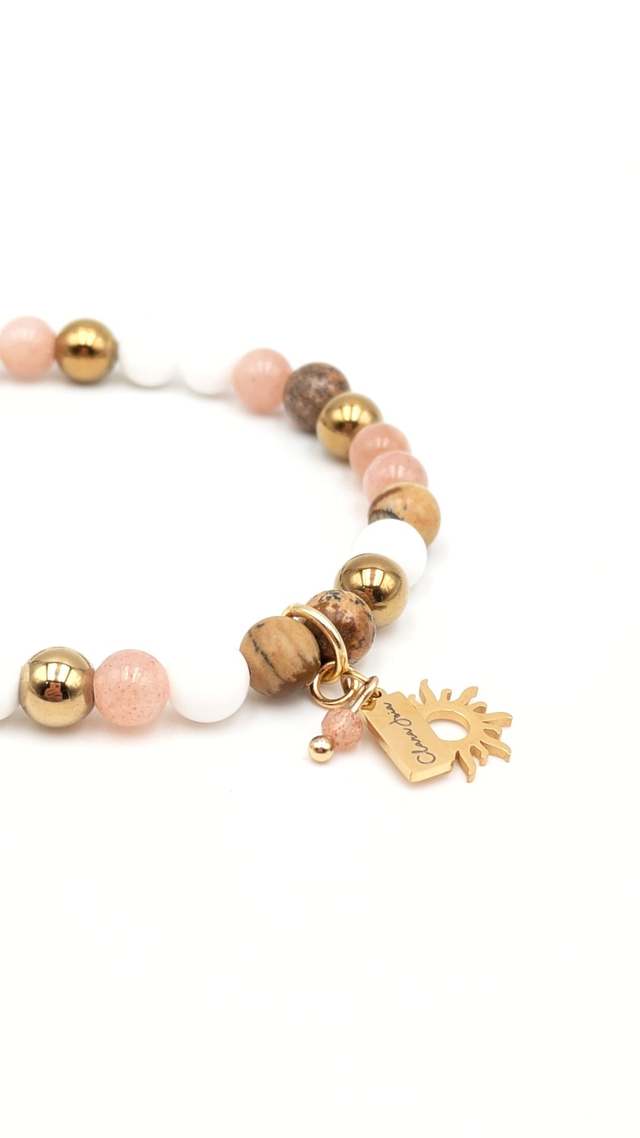 Bracelet Clara Joia Pierre de Soleil Coquillage Jaspe Paysage Acier Doré Soleil