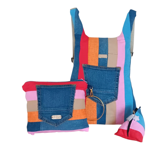 Conjunto “Armonía Reciclada” – Mochila, bolso de mano y monedero artesanal
