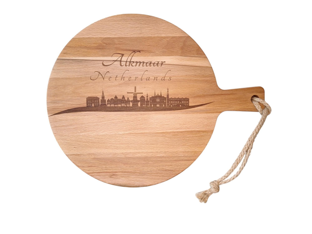 Beukenhouten borrelplank rond met Skyline Alkmaar
