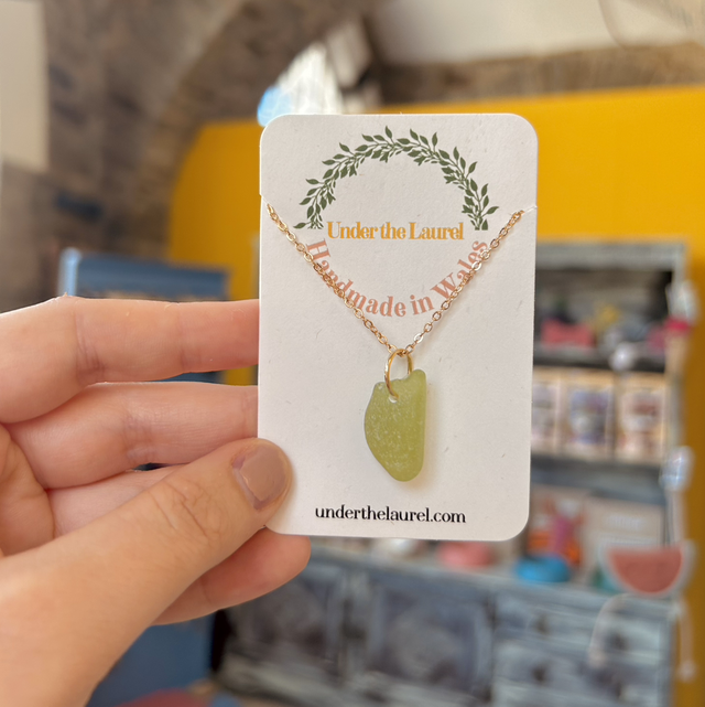 Lime Green Sea Glass Necklace Gold Plated Chain