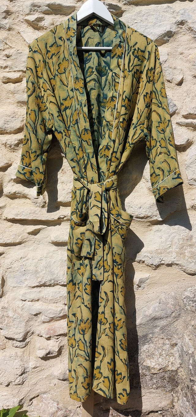  Peignoir unisexe, teintures naturelles artisanales, imprimé à la main, jaune et bleu, robe de chambre L.120cm 