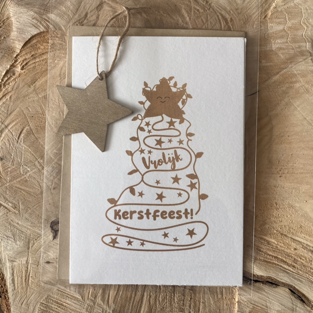 Vrolijke Kerstkaart Goudkleurig met Houten Kerstster | gevouwen kaart | met envelop | Vrolijk Kerstfeest 
