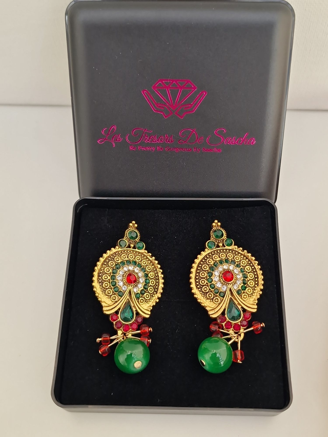 Boucles D'oreilles Vintage Retro Dorées Cristal Jade Vert Rouge