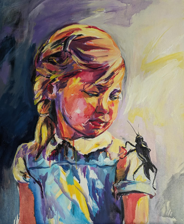 Sauterelle par Maria Ducasse, 64x54 cm, huile sur toile 2025