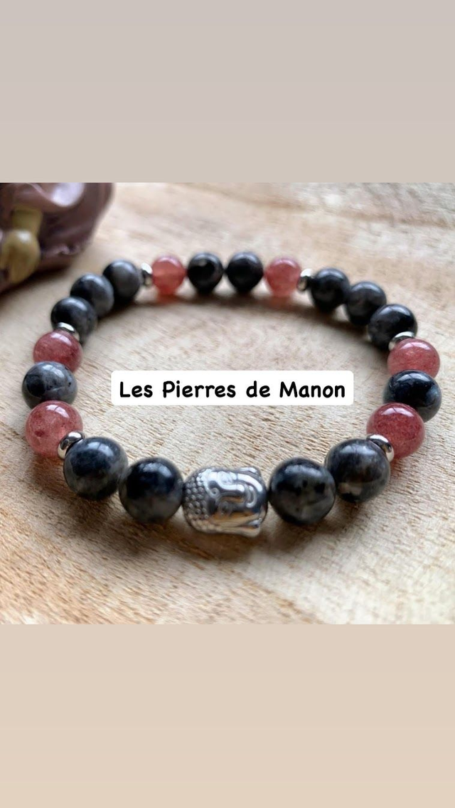 Bracelet Quartz fraise et Larvikite - Perles de 8mm
