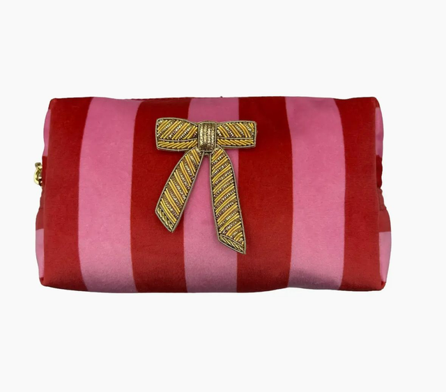 Pink Stripe Make Up Bag with Detachable Brooch