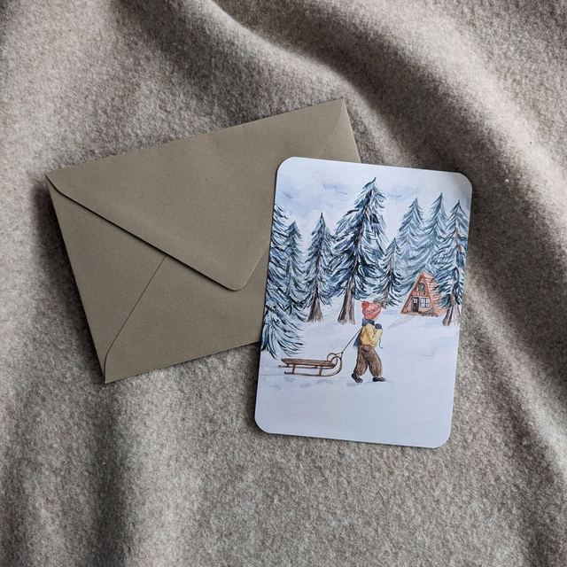 Wenskaart Kind met Slee, incl envelop