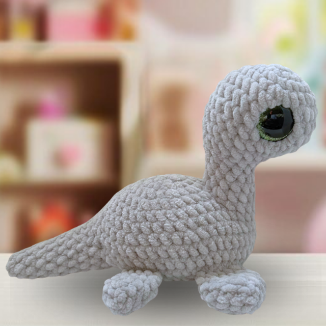 Crochet Plush Chenille Nessie, Grey, Glitter Eyes, Ukca tested