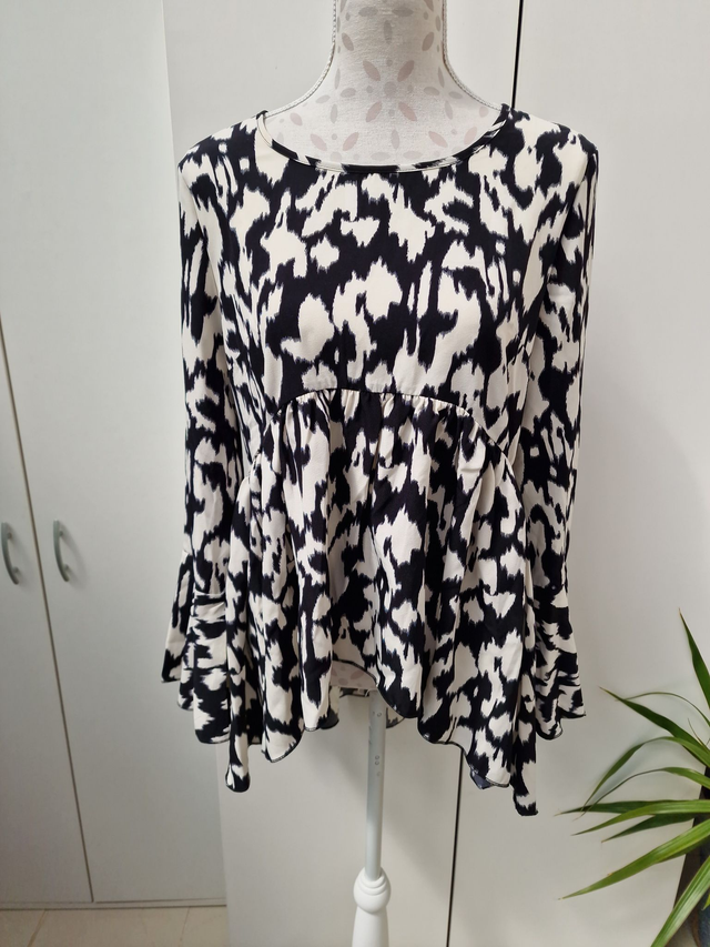 Blouse Peplum Asymétrique Noir Blanc Manches Evasées Taille M (38)