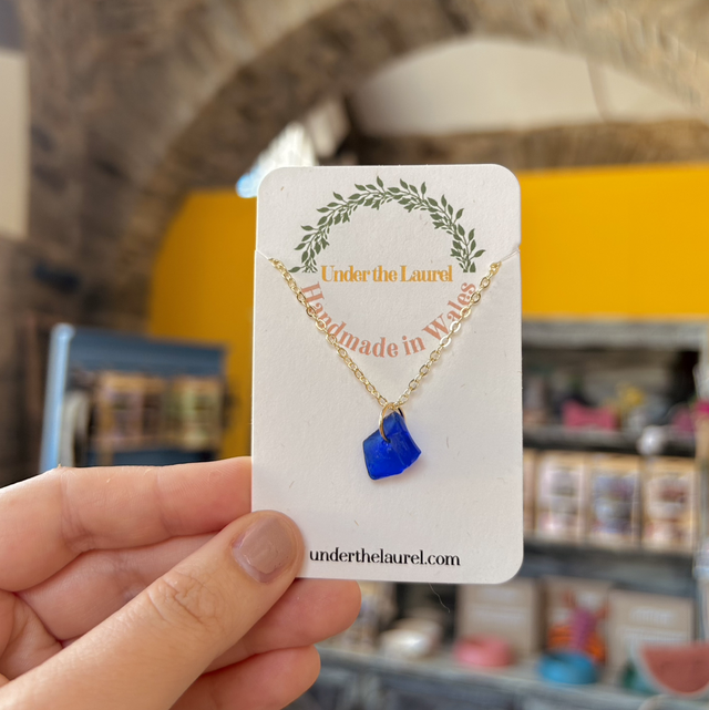 Blue Sea Glass Necklace Dainty Gold Plated Chain