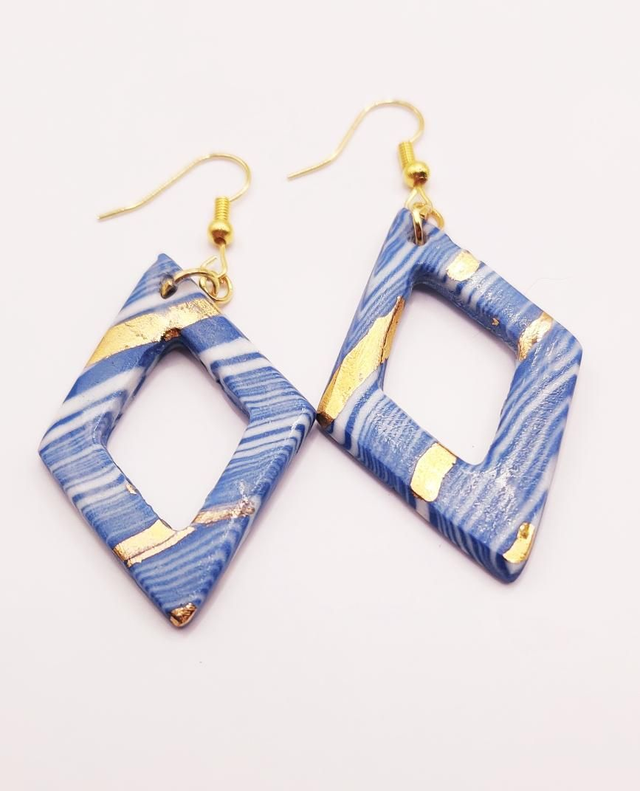 Blue &amp; white porcelain diamond shaped earrings 