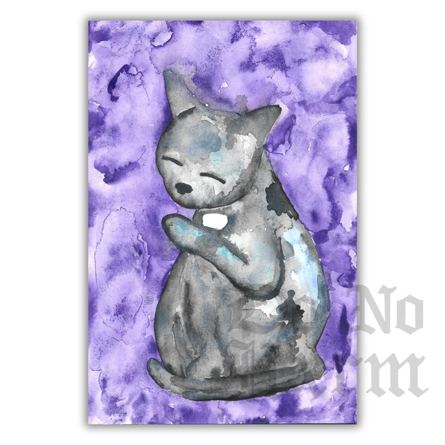 'Content' Black Cat Watercolour Art Print (6x4)