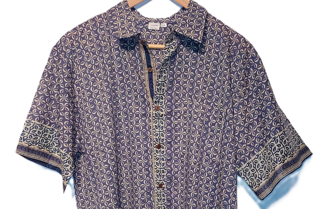 Chemise d'été homme manches courtes, coton léger, motif floral bleu et beige