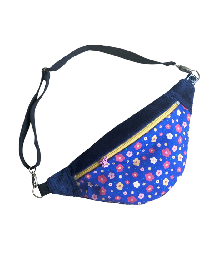 Sac Banane velours côtelé  - FLEURS - bleu marine