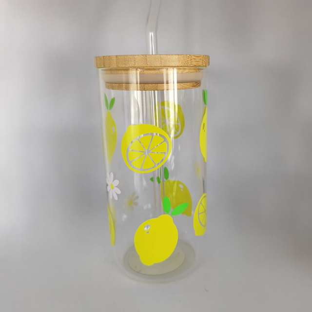 Lemonade glass tumbler with straw & bamboo lid  
