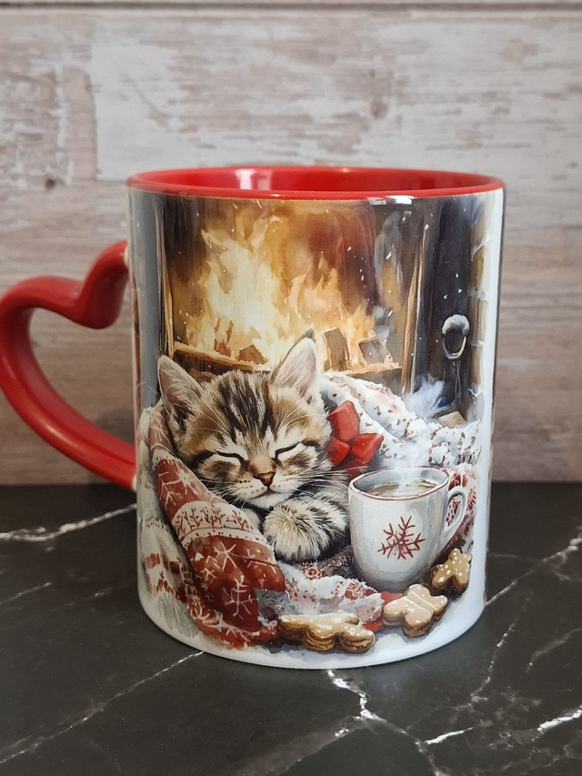 Mug coeur rouge chaton de Noël 