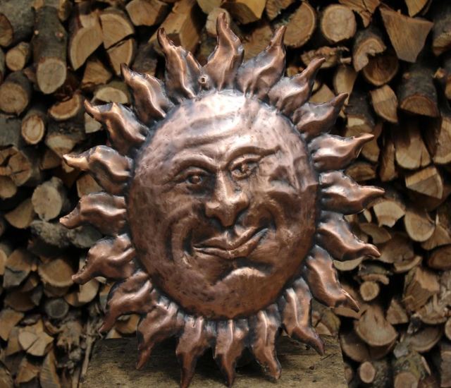 Handmade Copper Panel: Sun with Face, Heraldry, Wall Decor, Copper Art