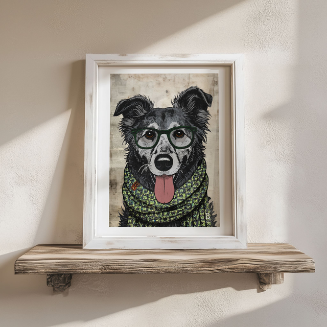 Neo in Glasses: Collie Crossbreed Grey Dog Mixed Media Art Print A4