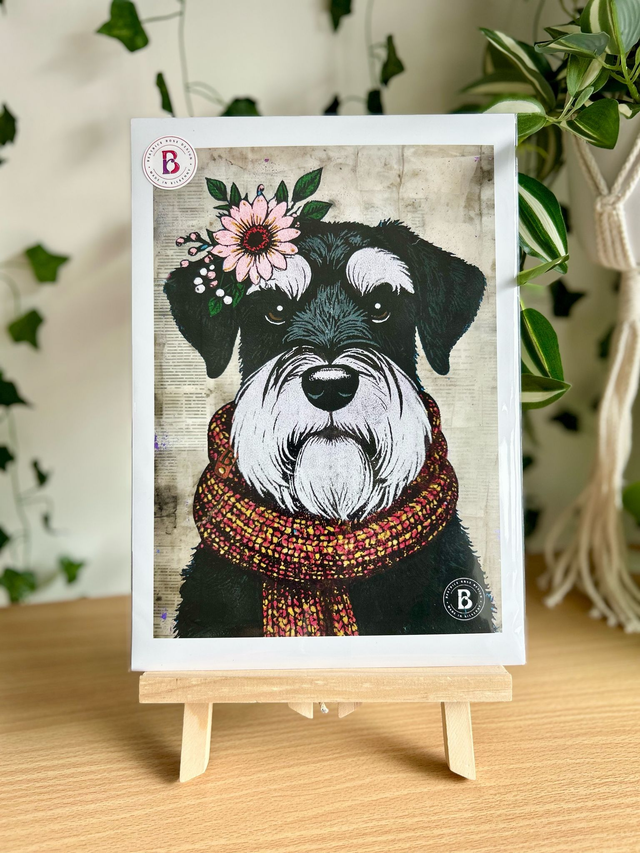 Schnauzer Dog In Floral Mixed Media Art Print A4