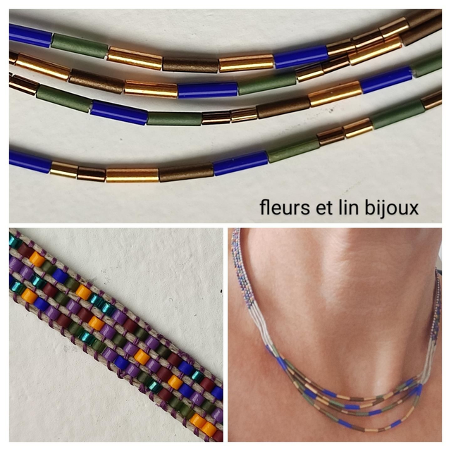 Collier tissé main en perles de verre miyuki tons de vert, bleu,or, violet, orange, réglable 