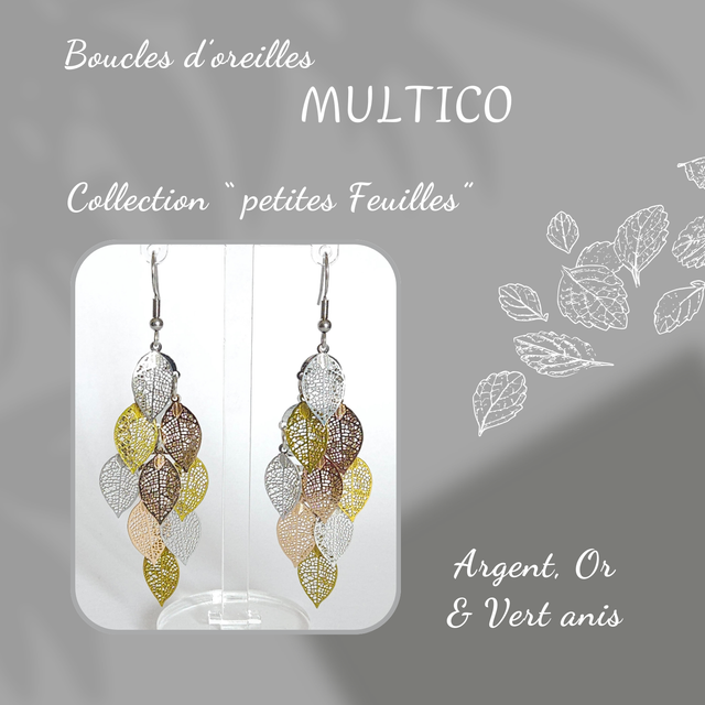 Boucles d&#039;oreilles MULTICO - Collection petites Feuilles - Argent, Or et Vert anis