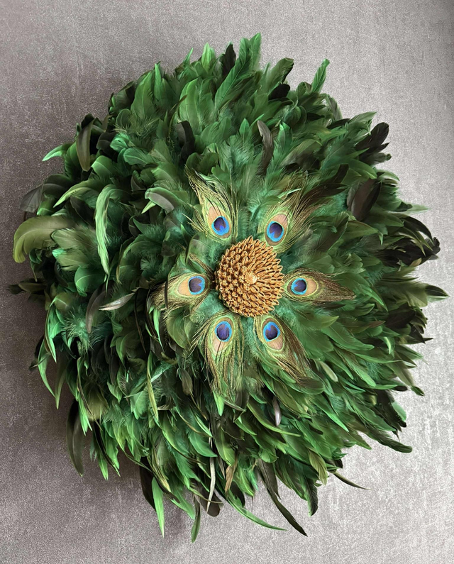 Jujuhat Plumes de paon et Plumes de coq coeur en coquillages dorés