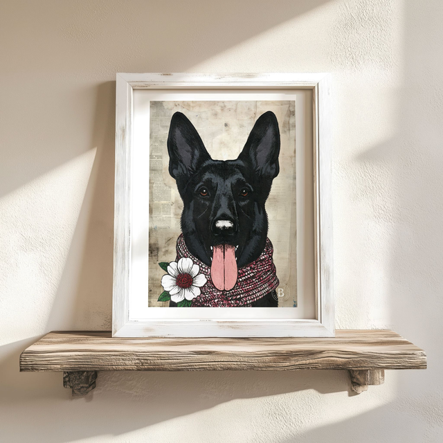 Black German Shepherd / Alsatian Dog in Floral Mixed Media Art Print A4