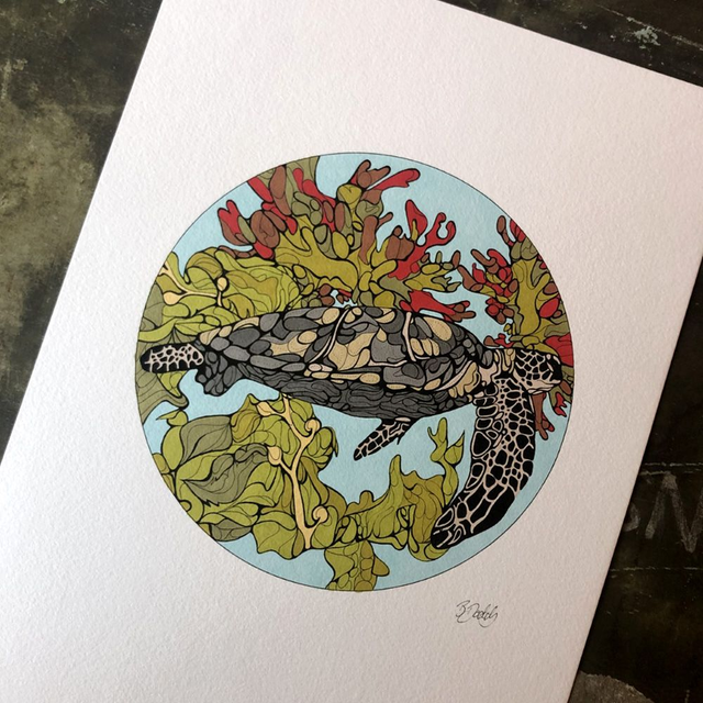 Hand-coloured print - sea turtle - blue