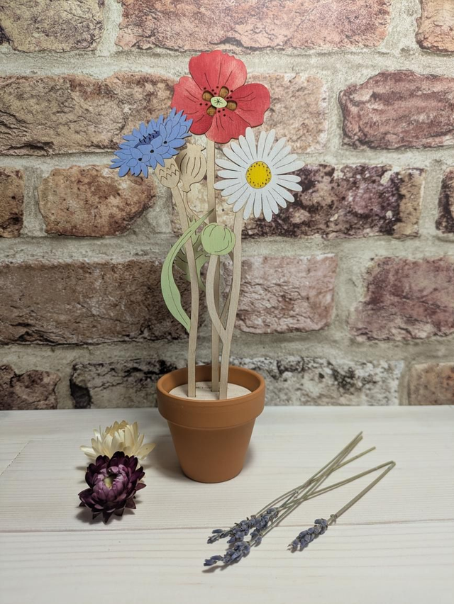 Triple British Bloom in Terracotta Pot Wooden Flowers