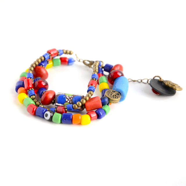 Bracelet éco-responsable Multirangs - PERLES Africaines et GRAINES RECYCLÉES, Chambre à air - Pièce Unique 