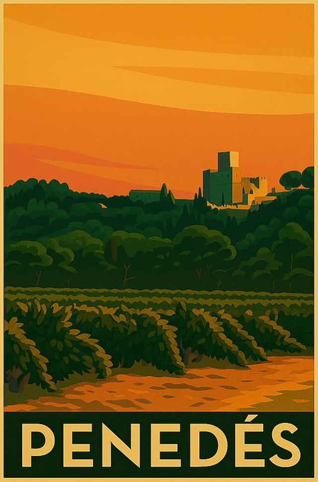 Paisaje de Viñedos del Penedès Cartel de Viaje Región Vinícola Catalana