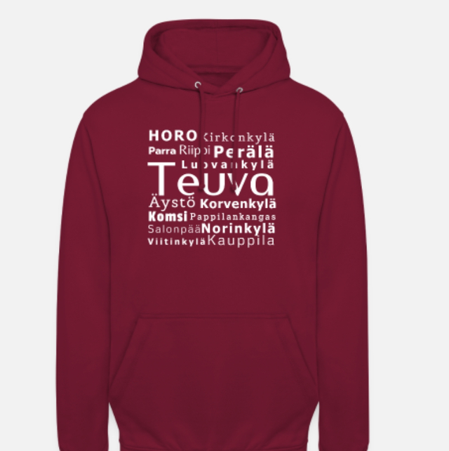 Teuva kylät huppari, viininpunainen