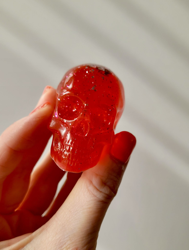 Skull Ornament - Medium - Red with Silver Glitter