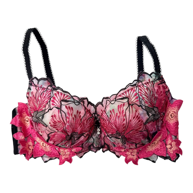Red + black multicolour intricate embroidered Japanese Bra UK 30A