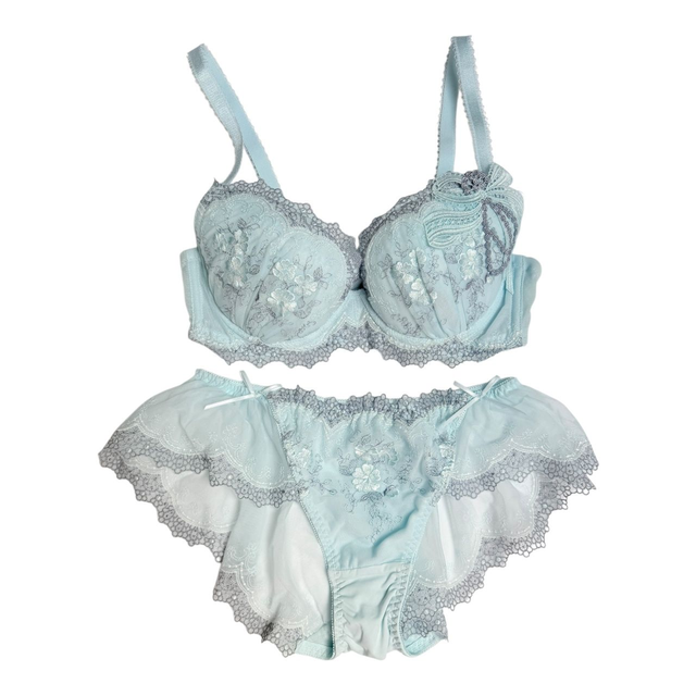 Blue bow appliqué Japanese Bra + Underwear Set UK 32C  
