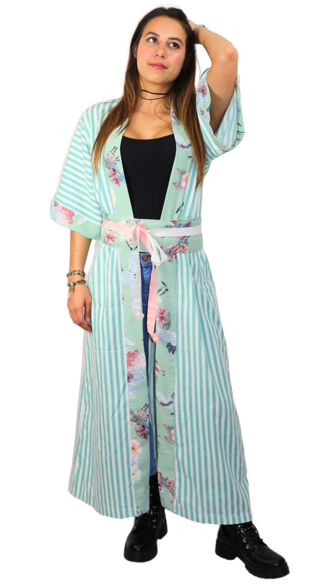 Kimono Long à Rayures et Motif Japonais - Couleur Vert d&#039;Eau Japan Touch