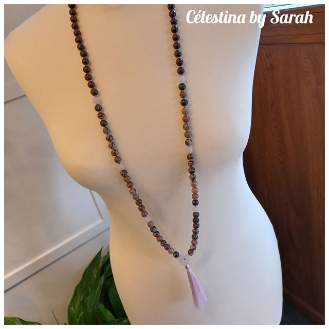 Mala Bois de Santal rouge, Rhodonite & Quartz rose